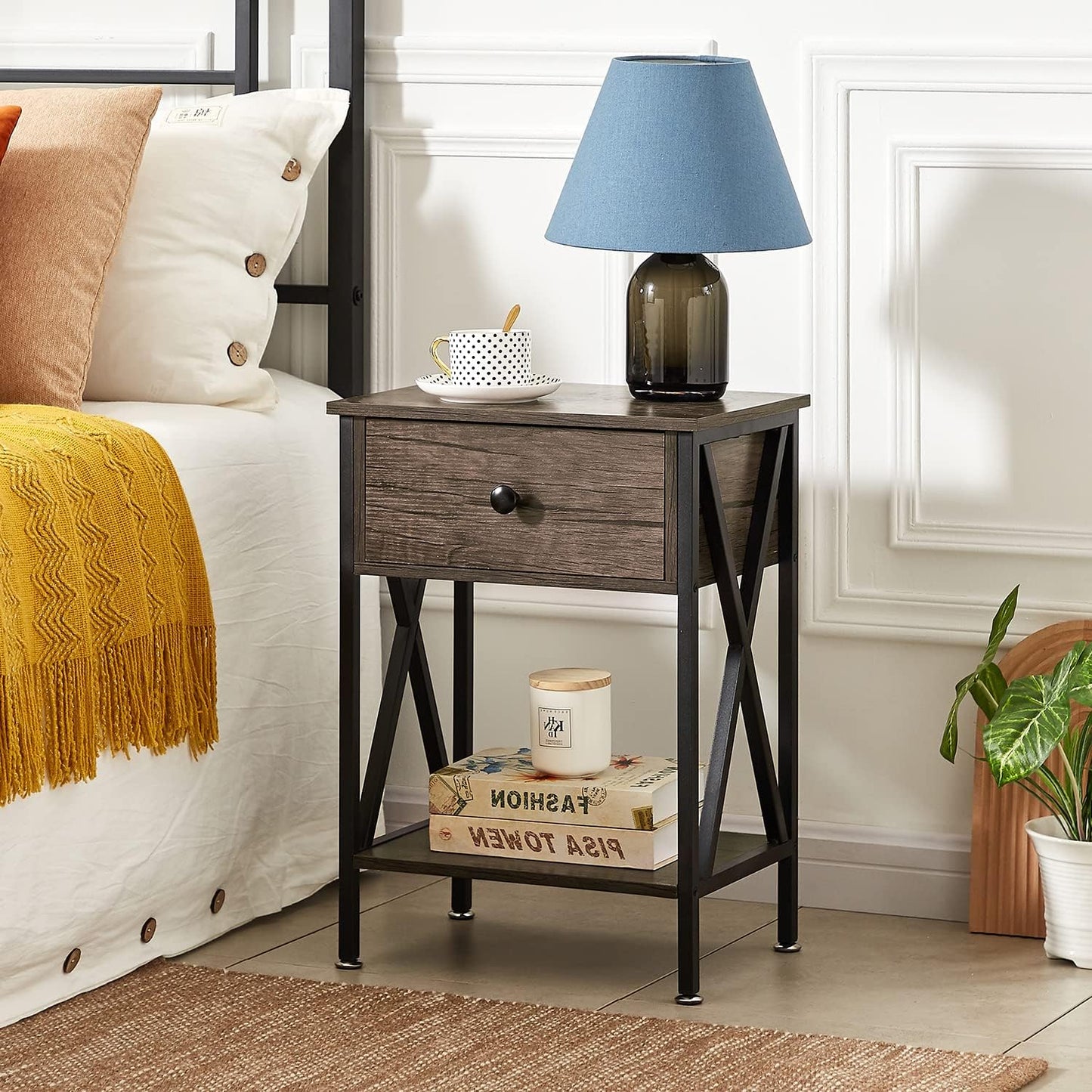 VECELO Nightstands Set of 2, Modern Bedside End Tables, Night Stands with Drawer and Storage Shelf for Living Room Bedroom, Industrial Metal Frame