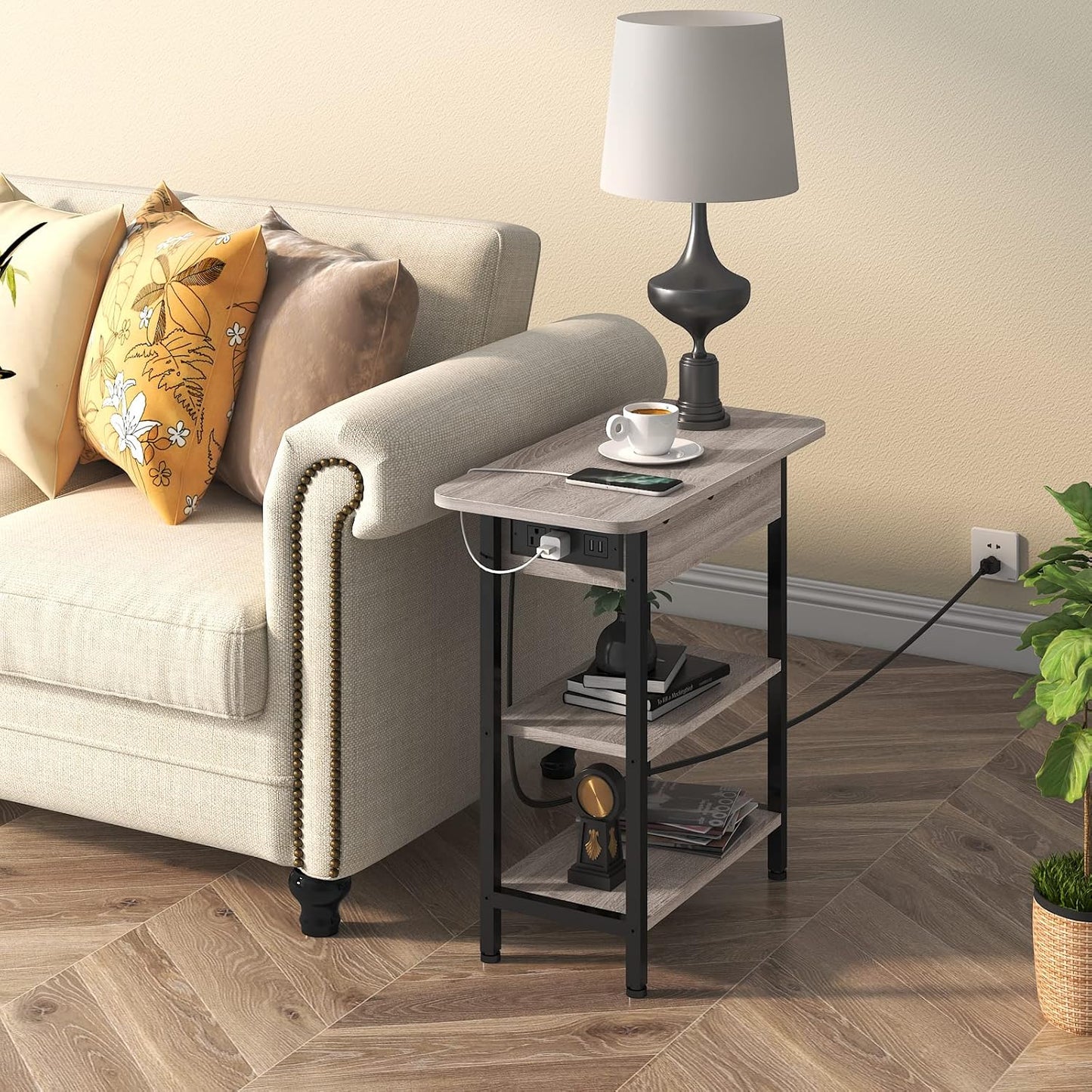 LIDYUK End Table with Charging Station, Set of 2 Flip Top Narrow Side Table for Small Spaces, Nightstands Set of 2 for Bedroom, End Tables Living Room with Storage Shelves, Greige