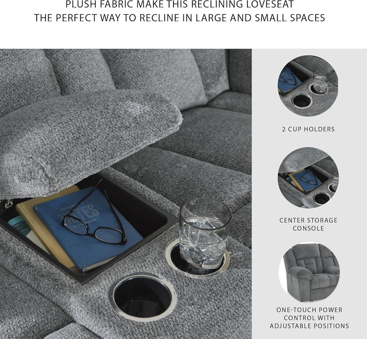 Signature Design by Ashley Tip-Off Modern Wall Hugger Power Reclining Loveseat with Adjustable Headrest, USB Ports, Storage and Cup Holders, Gray