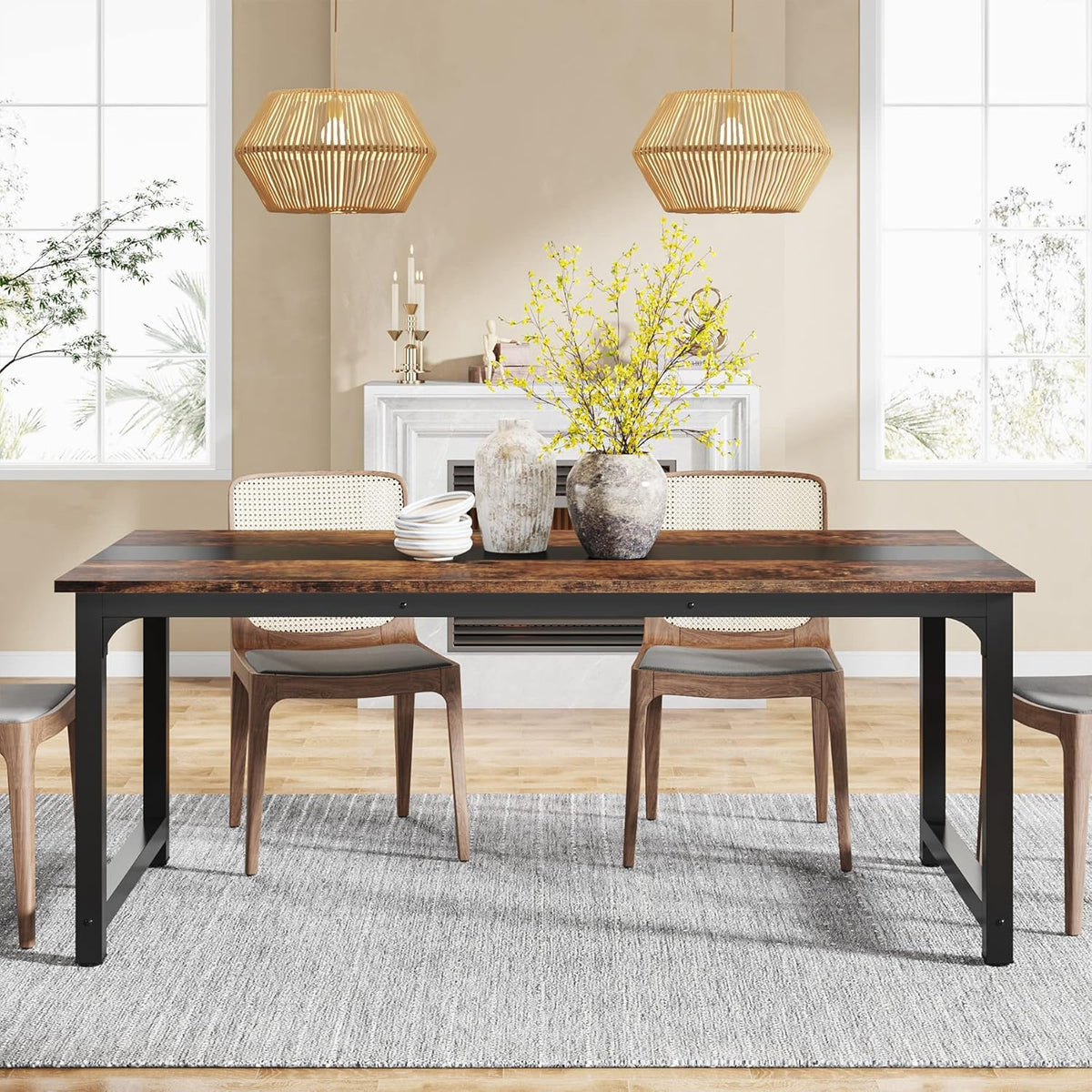 LITTLE TREE 70.9 Inch Large Dining Table Rectangular Kitchen Furniture for 6 to 8 People, Brown+Black