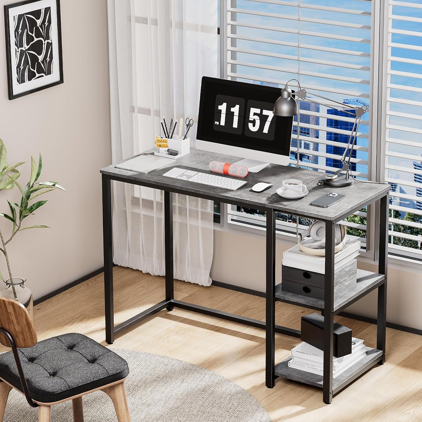 SINPAID Computer Desk 40 inches with 2-Tier Shelves Sturdy Grey Desks with Large Storage Space Modern Gaming Desk Study Writing Laptop Table, Gray
