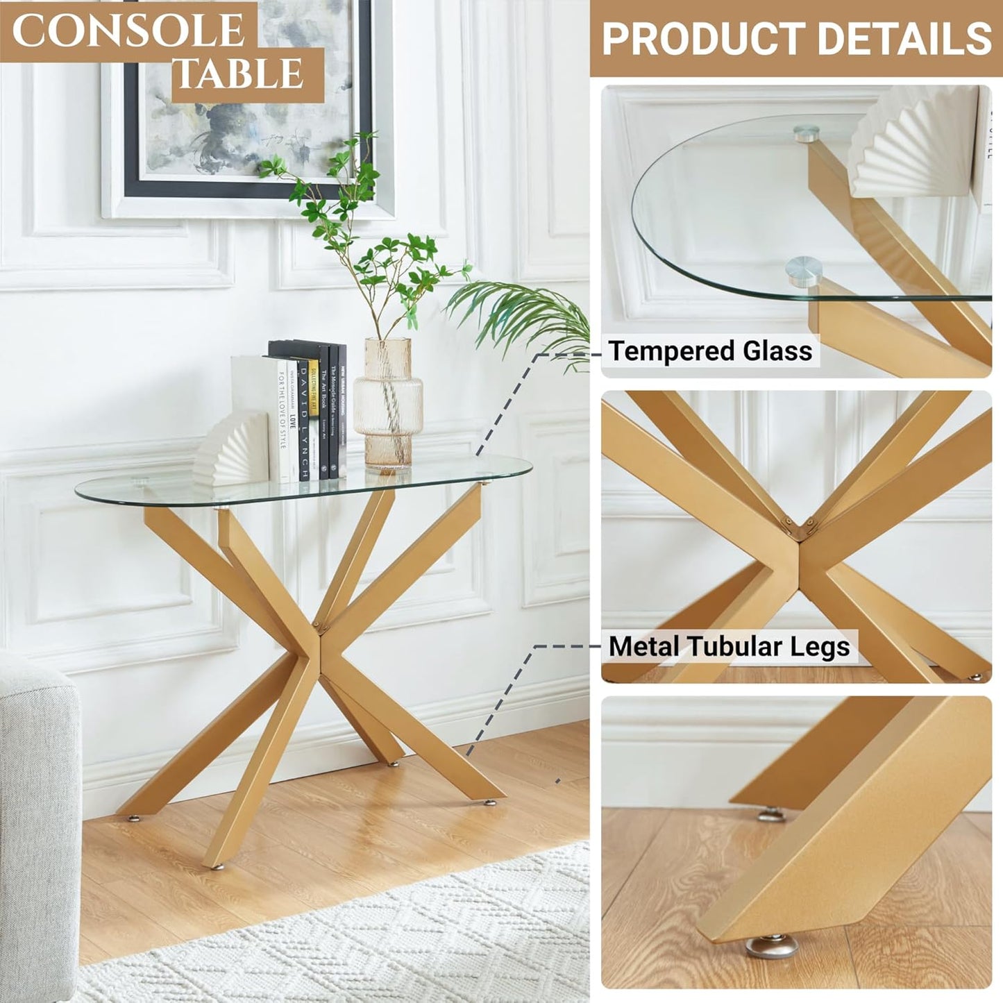 Gold Glass Oval Console Table, Modern Style Entryway Hallway Narrow Sofa Table, Entrance for Entryway, Living Room, Foyer, Hallway, Office， 45" Lx18 Wx30 H Gold