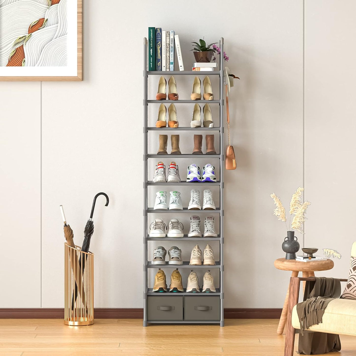 Shoe Rack, Sturdy Metal Shoes Rack Organizer,Narrow Shoe Rack,Shoe Racks for Closets,Shoes Rack,Shoe Stand,Shoe Shelf (10 Tier with 2 Boxes and 1 Hook)