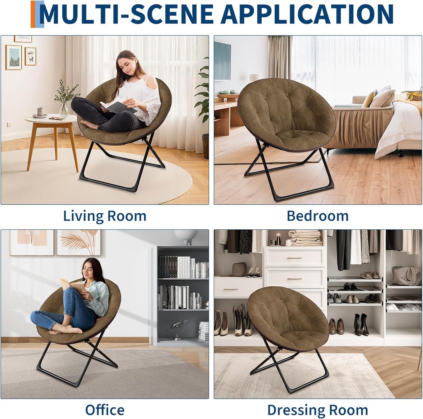 Saucer Chair, XL Foldable Lounge Chair for Bedroom/Dorm, Plush Comfy Seat with Non-Slip Base for Teens & Adults, Faux Fur Accent Chair, Brown