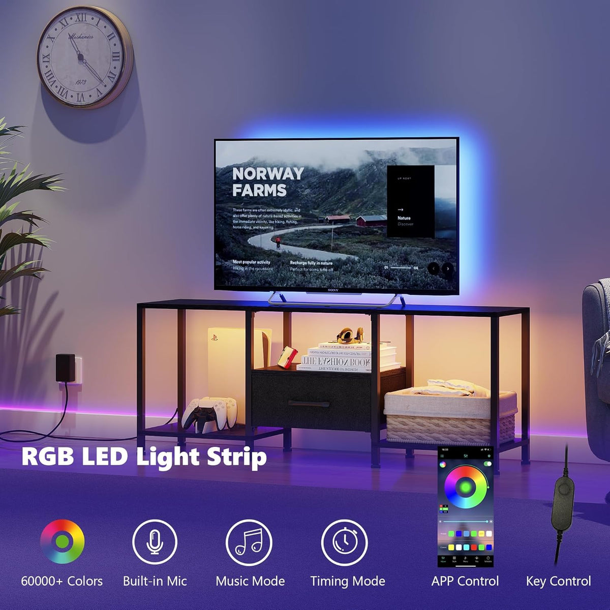 TV Stand with LED Lights, Entertainment Center with Open Shelves and Fabric Drawer, Media Console for 55 Inch TV, Television Stands for Living Room, Bedroom, Black