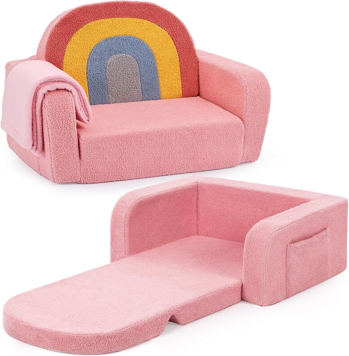 Kids Couch, 2-in-1 Soft Toddler Couch Fold Out with Blanket, Comfy Toddler Chair, Convertible Sofa to Lounger, Convertible Sofa to Lounger, Gifts for Kids Girl Boys, Medium Colorful Pink Rainbow