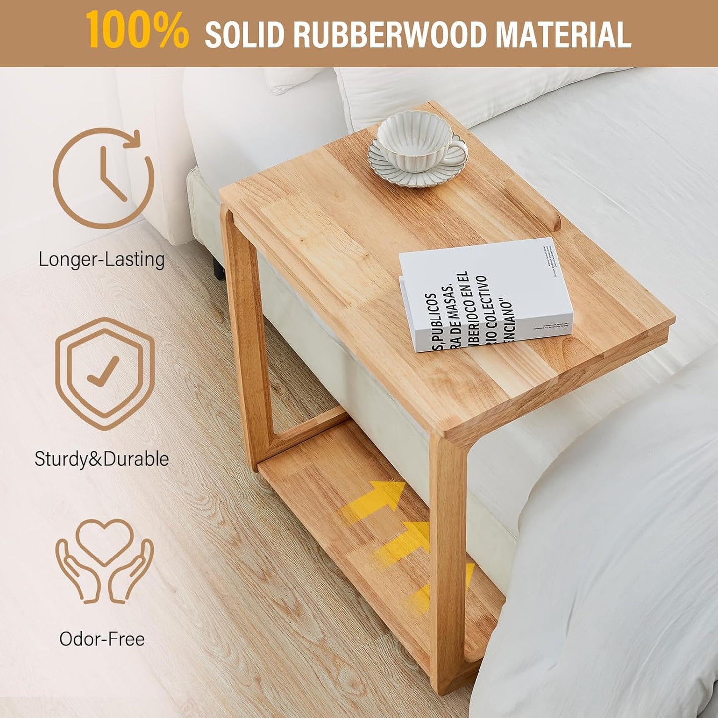 CozyDH Adjustable C Shaped End Table, Solid Wood Rolling Side Table, TV Sofa Tray Table for Couch Arm Eating Multi-Purpose, Small Coffee Table with Wheels Living Room Bedroom, Natural