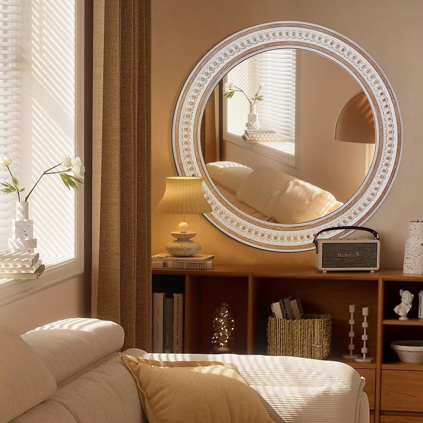 32'' Boho Wooden Large Round Wall Mirrors, Rustic Farmhouse Circle Mirrors Decorative Mirrors for Bathroom, Bedroom Over Sink, Living Room, Entryway