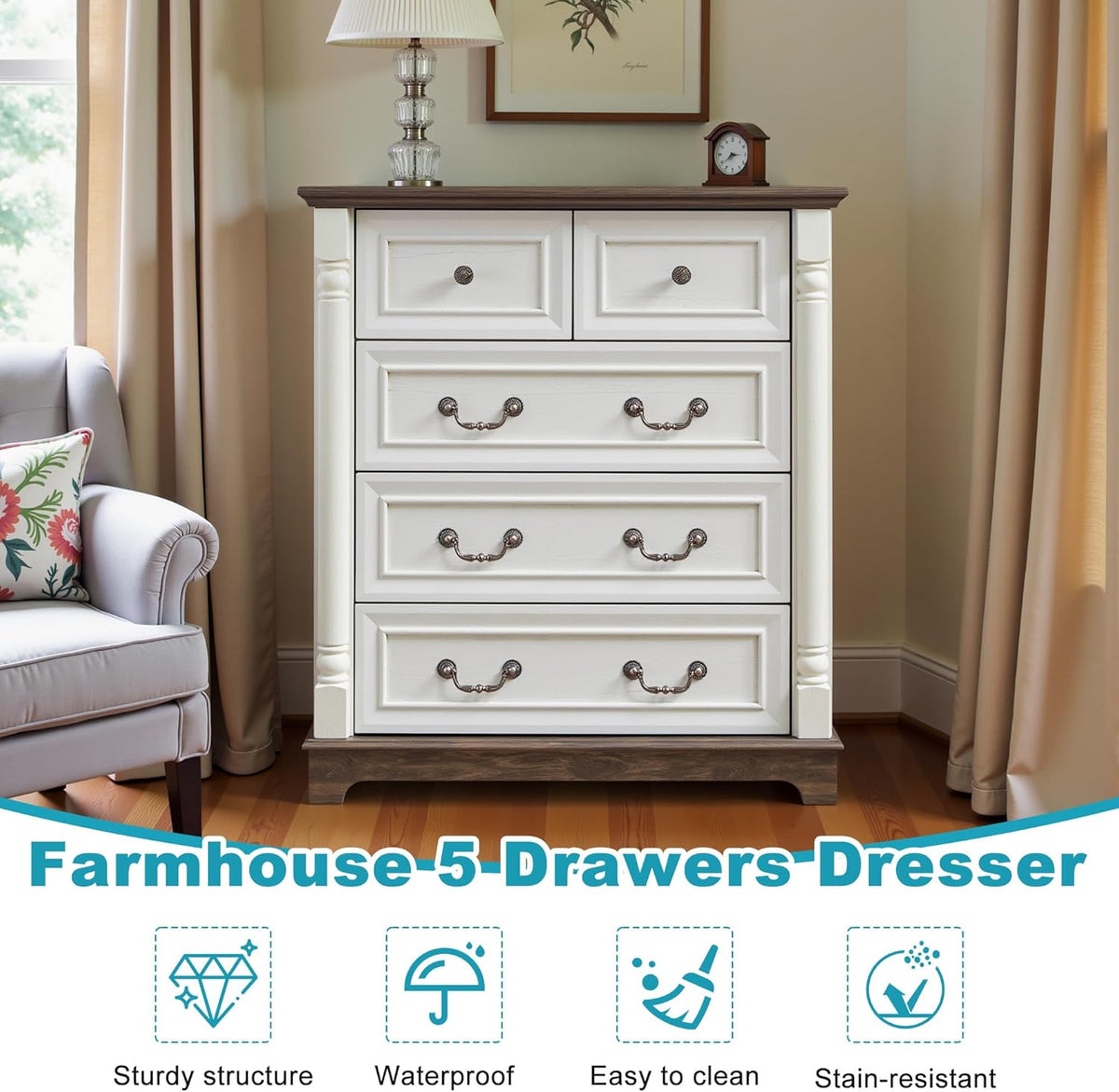 31.5" Farmhouse Sideboard Buffet Cabinet with Storage, Kitchen Buffet Storage Cabinet with 5 Drawers, Modern Wood Accent Sideboard for Living Room, Kitchen, Hallway(Antique White)