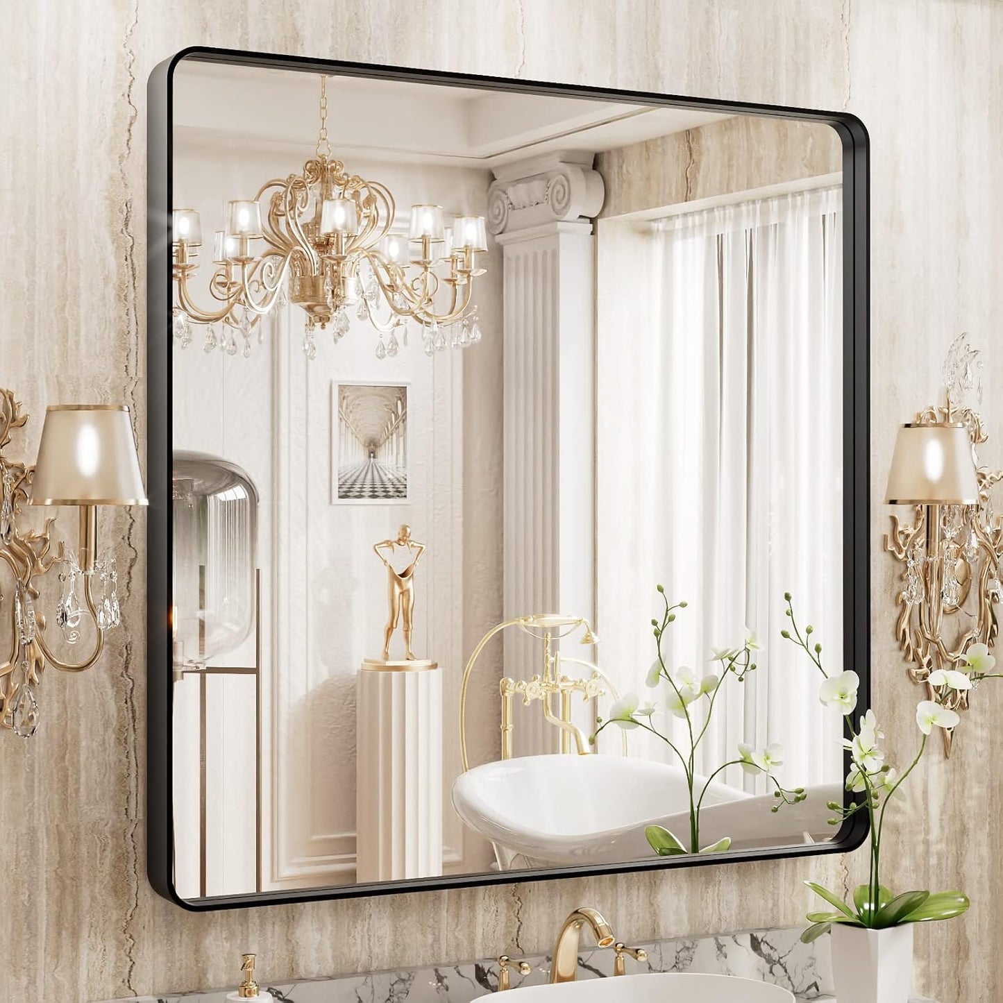 WEER 36X36 Inch Black Metal Framed Bathroom Mirror, Matte Black Bathroom Vanity Mirror, Rectangular Black Wall Mirror for Bathroom, Tempered Glass, Rounded Corner, Hangs Horizontal or Vertical