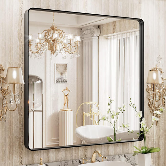 WEER 36X36 Inch Black Metal Framed Bathroom Mirror, Matte Black Bathroom Vanity Mirror, Rectangular Black Wall Mirror for Bathroom, Tempered Glass, Rounded Corner, Hangs Horizontal or Vertical