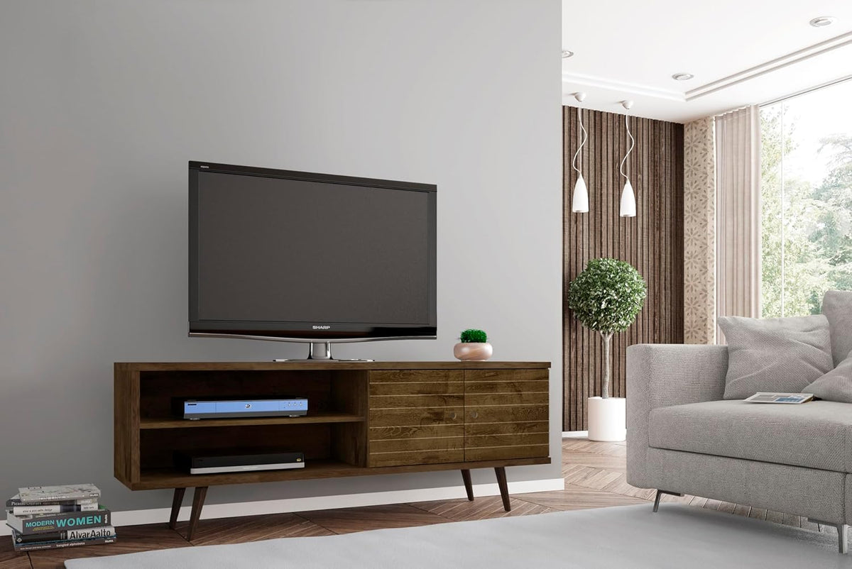 Manhattan Comfort Liberty Mid Century Modern TV Stand for Televisions up to 60 Inches, Bedroom and Living Room Entertainment Center with Storage, Shelves, and Cabinet, 201AMC: 62.99 Inch, Rustic Brown