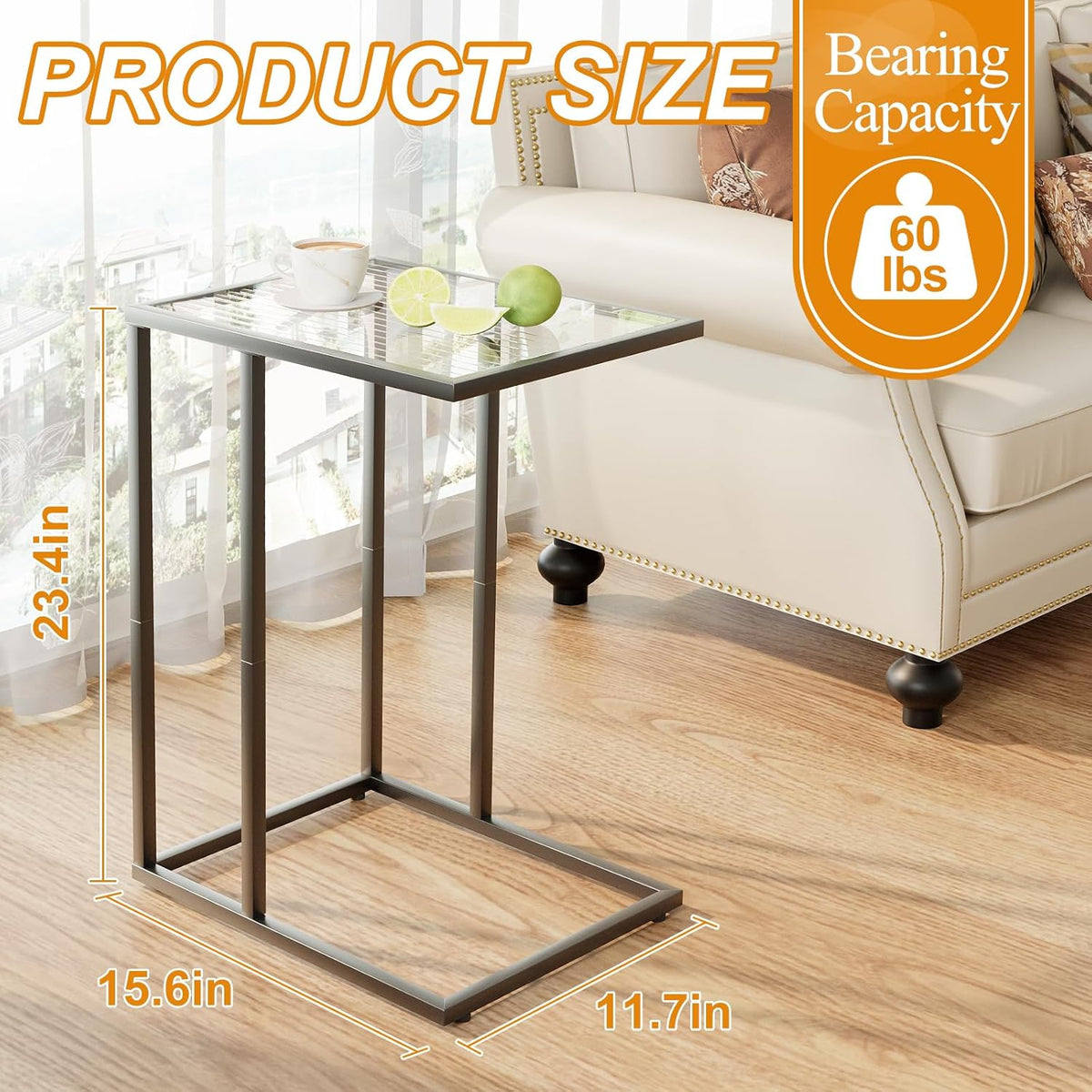 C Shaped End Table Set of 2, Couch Side Tables for Living Room, Small Glass End Table with Metal Frame, Modern Snack Table for Bedroom, Small Space, Easy Assembly, Black, 23.62 x 15.75 x 11.81