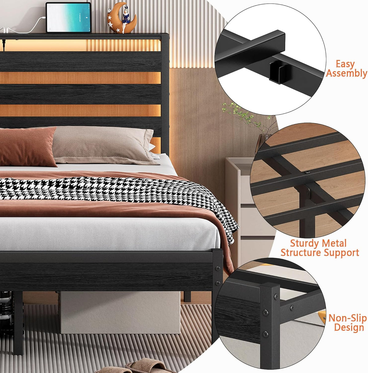 14 Inch Classic Metal Platform Bed Frame-Full Size Bed Frame with Headboard,Steel Slats Support-LED Bed Frame with USB Charging Station,Under Bed Storage,No Box Spring Needed,Noise Free