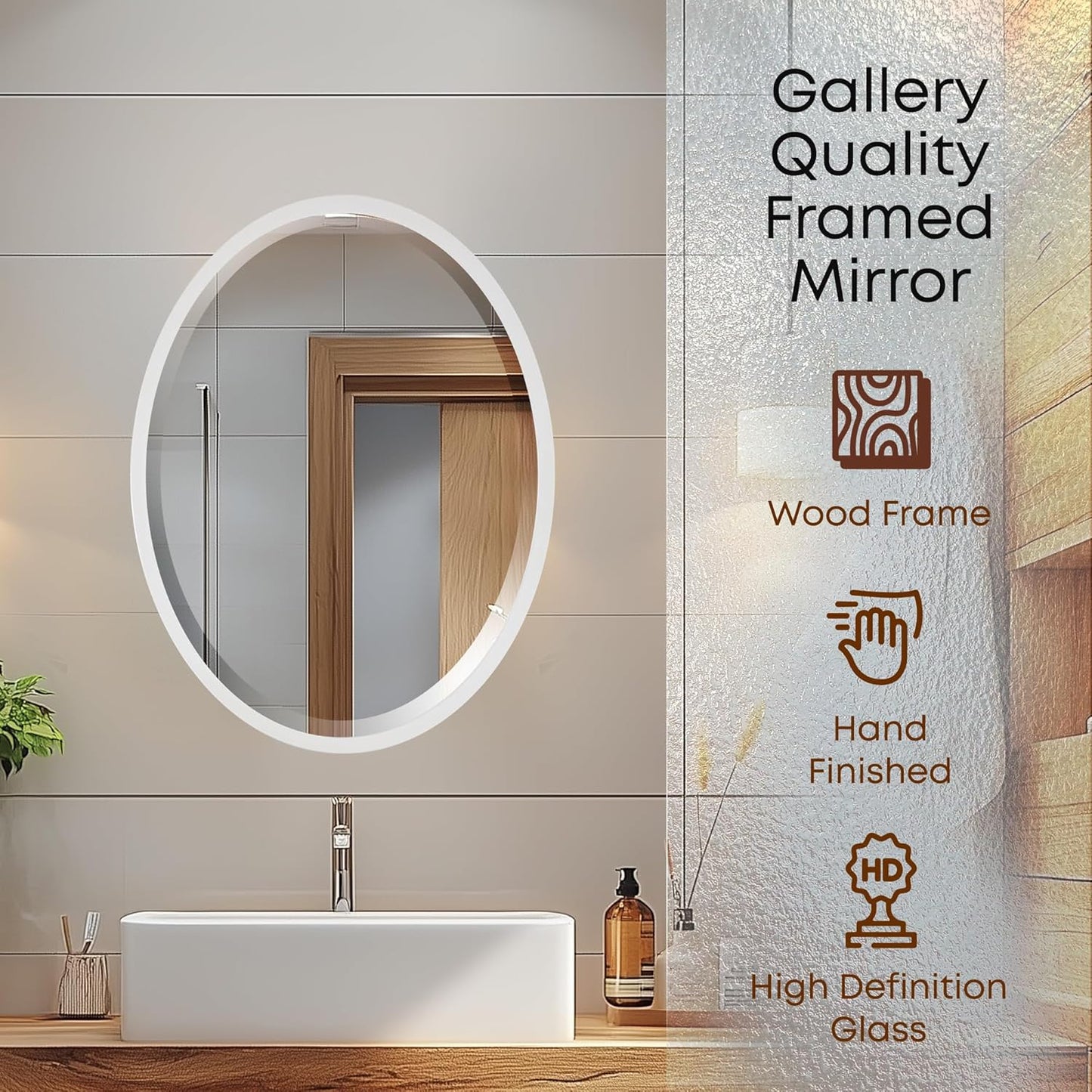 OVALCREST - Oval Wooden Beveled Wall Mirror for Home Decor, Bathroom, Vanity, Bedroom, Living Room, Hallway - London Style (Linen White) 13.1 x 17.1