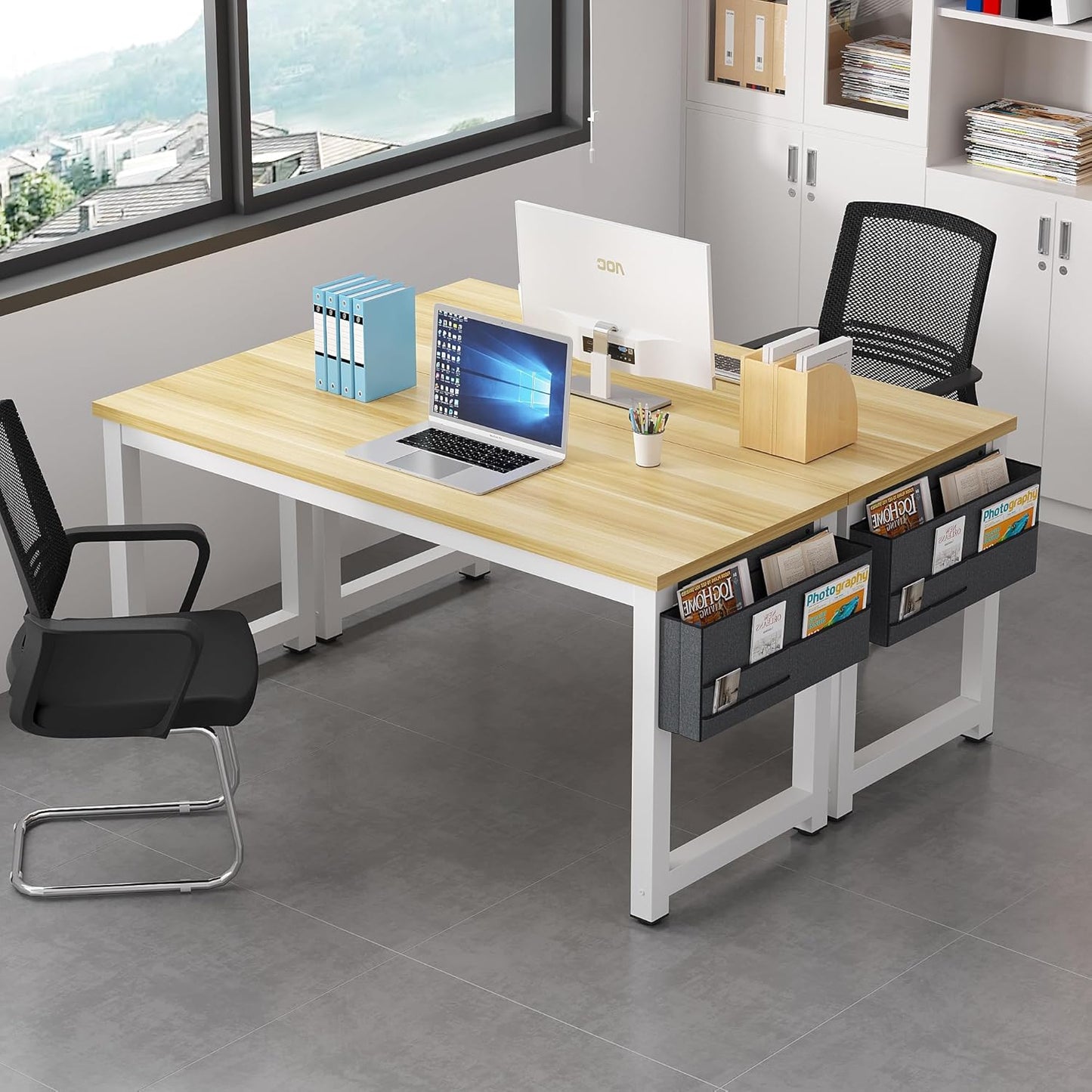 Large Computer Desk - 63 Inch Home Office Desks Study Student Writing Table Gaming Desk Wood Modern Simple Table with Storage Bag & Headphone Hooks, Rustic White
