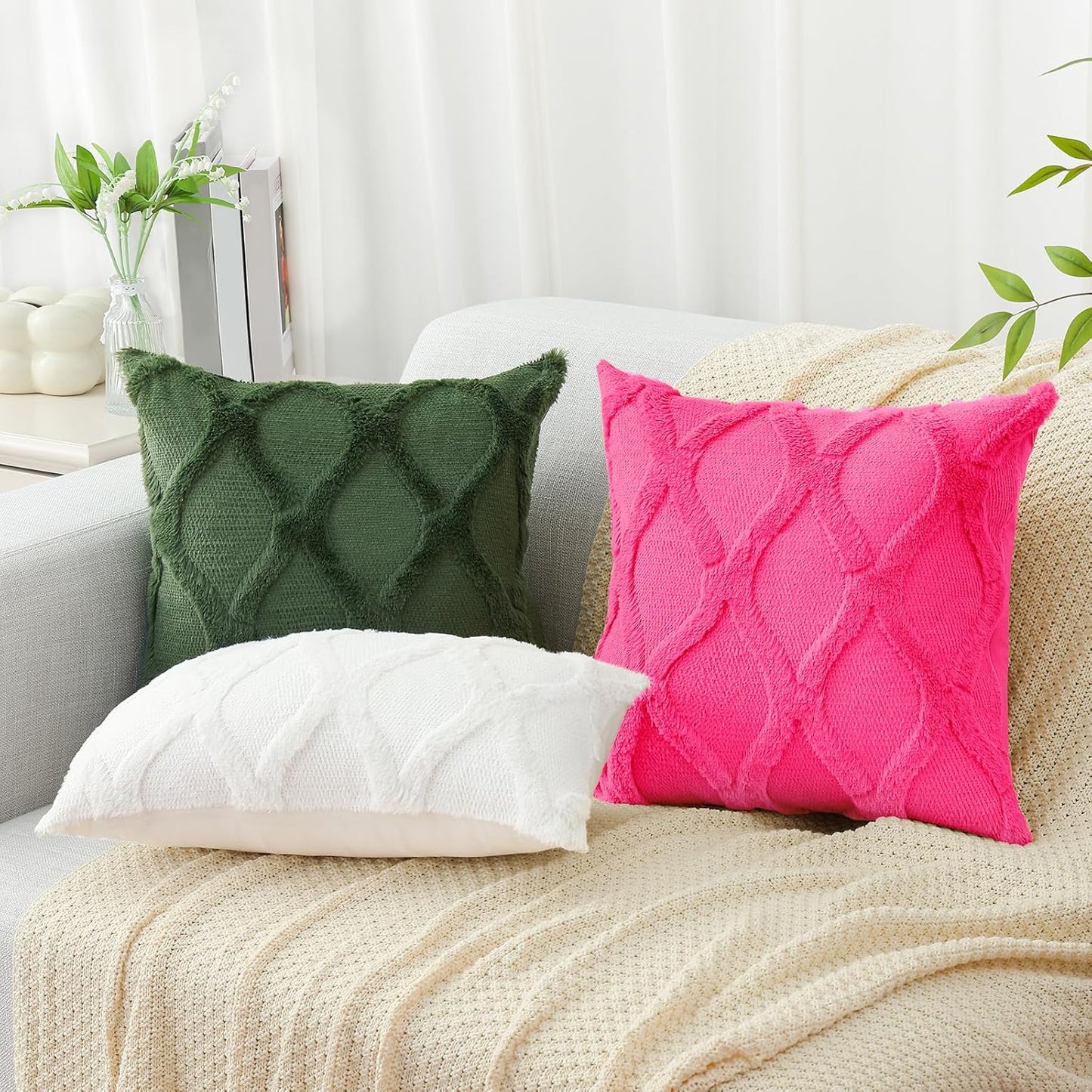 decorUhome Throw Pillow Covers 24x24 Inch Set of 2, Soft Plush Faux Fur Wool Hot Pink Couch Pillow Covers, Decorative Neutral Pillow Cases for Bed Sofa Living Room Home Decor