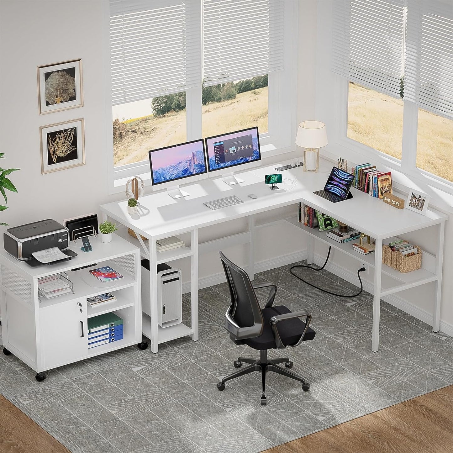 Unikito Reversible L Shaped Computer Desk with Magic Power Outlets and USB Charging Ports, Sturdy Corner Desk with Storage Shelves, Durable Work Desk for Home Office, Easy to Assemble, White