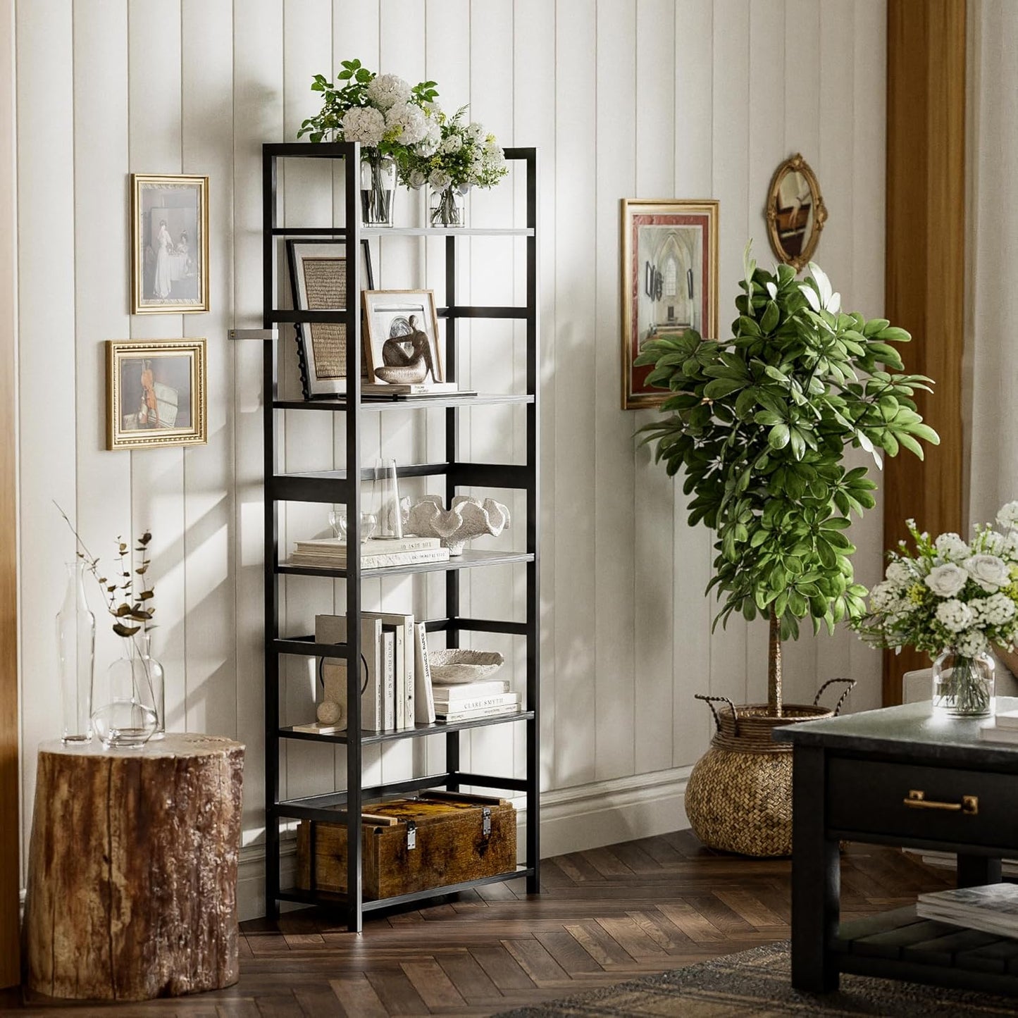 5-Tier Bamboo Wood Ladder Bookshelf, Tall Display Storage Shelf, Large Bookcase Modern Industrial Stand Organizer for Home, Office, Living Room, Kitchen, Bedroom, Black
