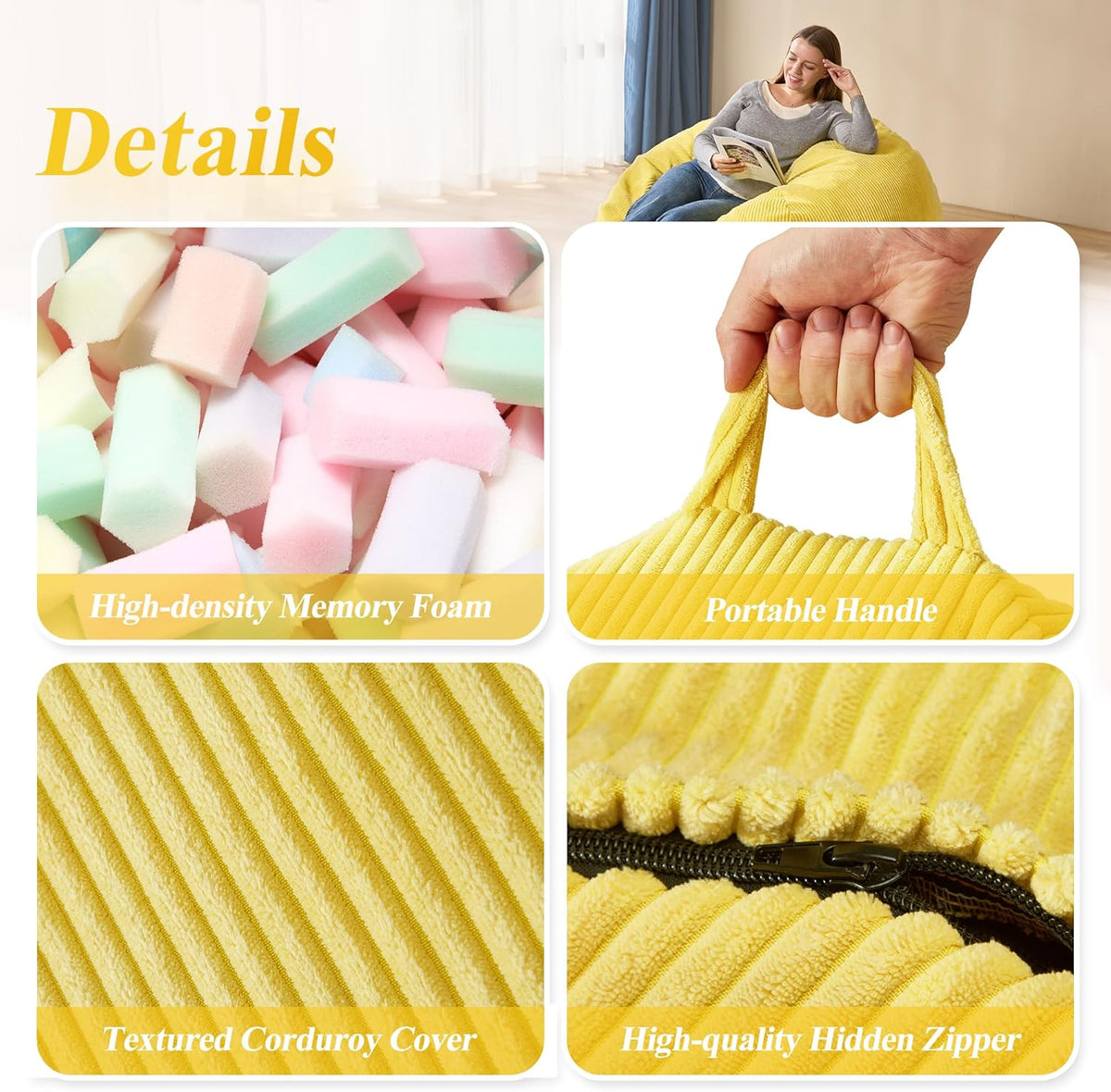 3.5FT Bean Bag Chairs Teardrop Bean Bag Chair for Adults Beanbag Chair with Memory Foam Filled Machine Washable Cover for Living Room, Bedroom (Large,Yellow)