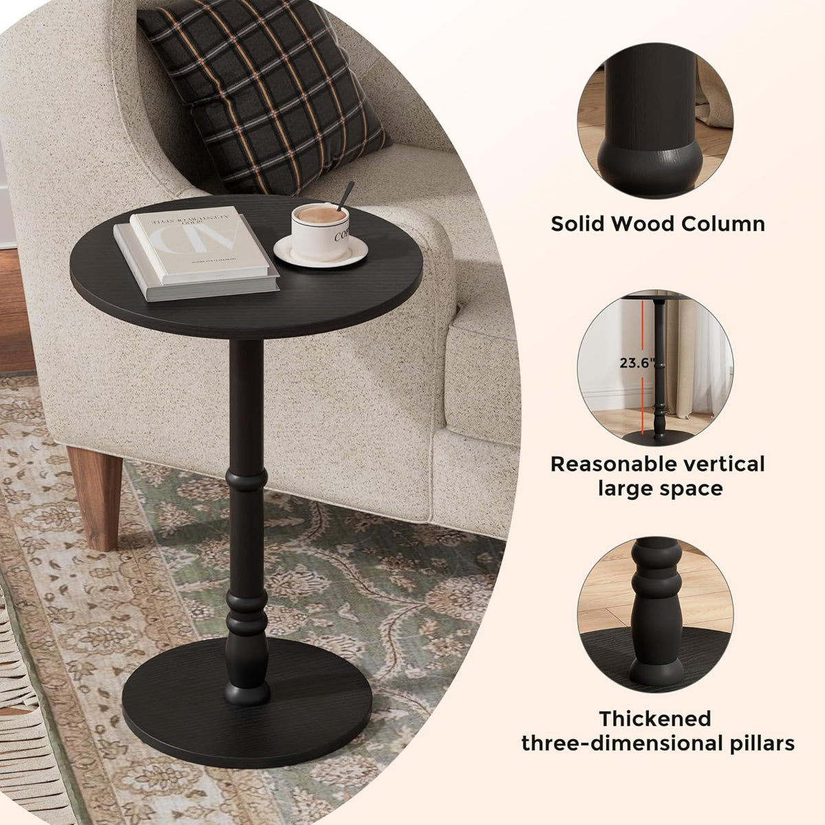 Round Side Table, Solid Wood Pillar, Large 15.7" Top, Small Accent Table for Living Room, Bedroom, Sofa, Entryway & Office, Easy Assembly, Black
