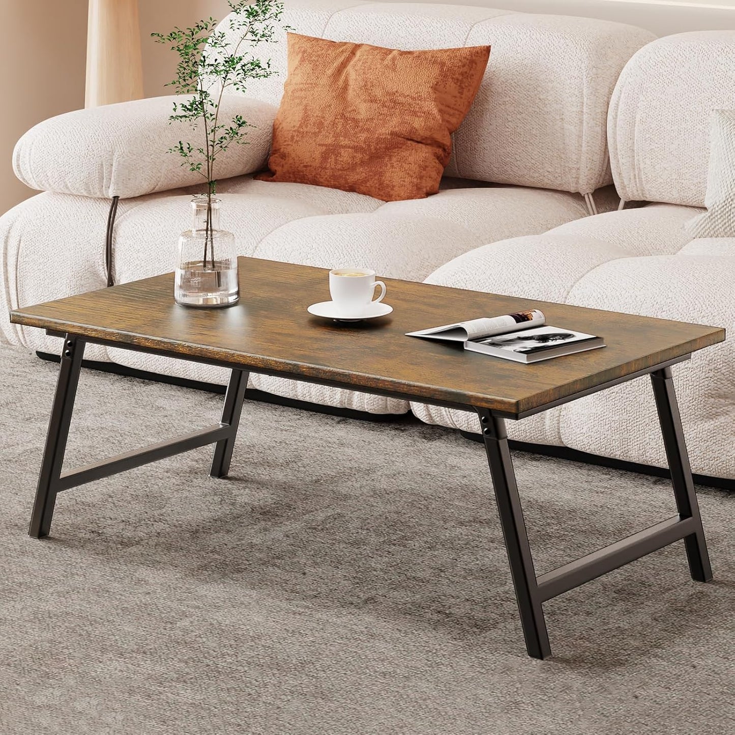 Folding Coffee Table, Portable Wood Low Table with Metal Legs, No Assembly Required, Small Foldable Floor Desk for Living Room/Tea Room/Small Spaces (39.4in x 23.6in x 15.8in) (Rustic Brown)