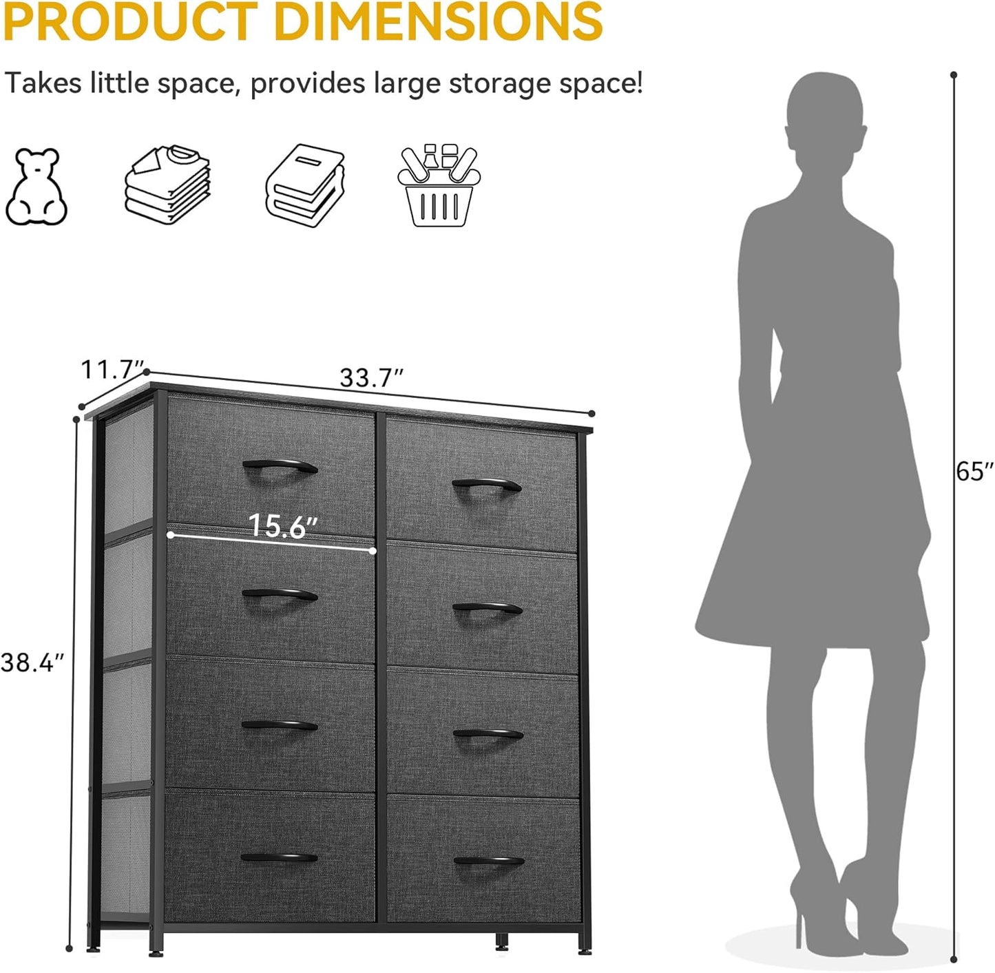 DWVO Dresser for Bedroom, Fabric Dresser with 8 Drawers, Chest of Drawers for Closet, Living Room