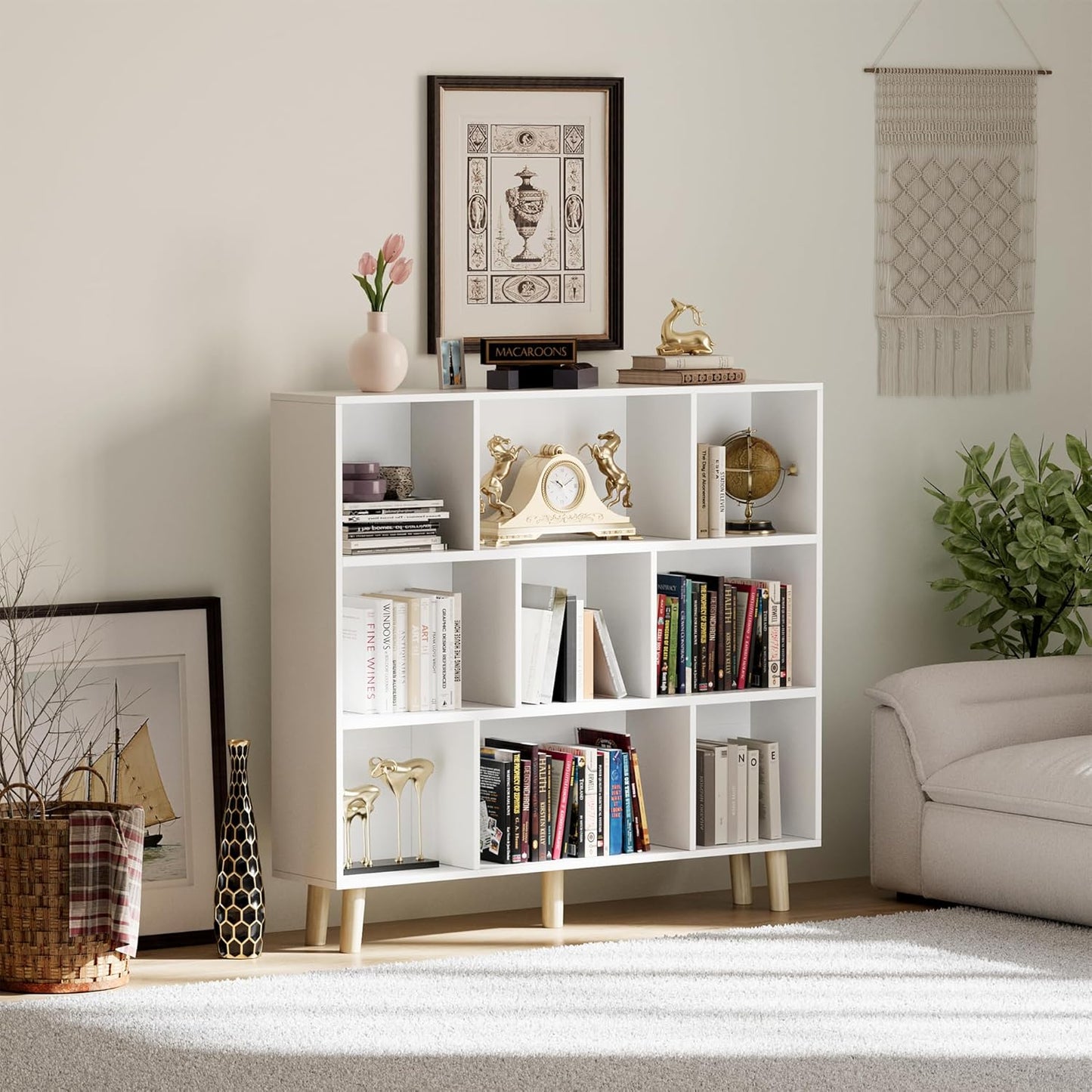 YESHOMY 9 White Cube Bookcase, Open Frame 3-Tier Book Shelf, Bookshelf Storage Organizer with Feet & Anti-Tilt Device for Organization, Room Decor