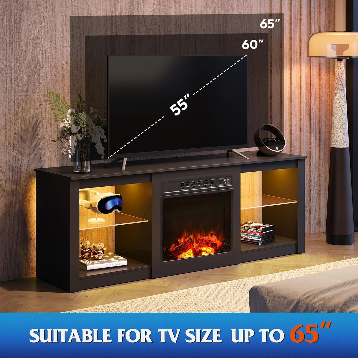 WLIVE 58 Inches Fireplace TV Stand with LED Lights, Modern Entertainment Center with 18'' Electric Fireplace & Adjustable Glass Shelves, Sturdy Media Console for Living Room, Bedroom,Gaming (Black)