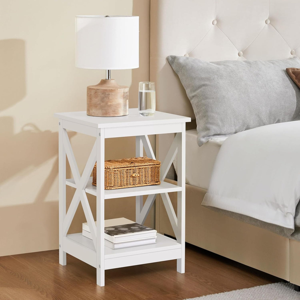 Yaheetech End Tables Set of 2, 3-Tier Side Tables with Storage for Living Room, Sturdy X Design Wooden Large Sofa Side Table Storage Cabinet with Shelves, 16x16x24’’(LxWxH), White