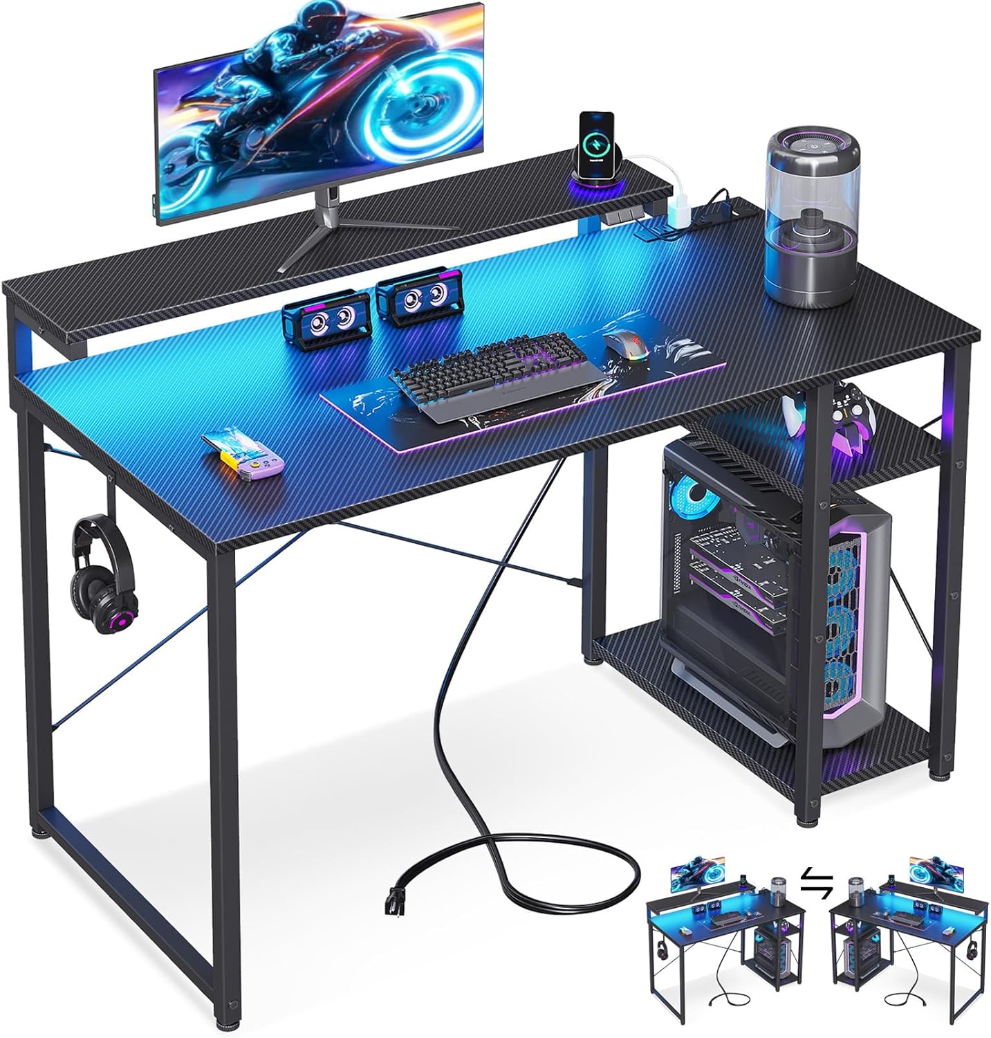 MOTPK 40 Inch Small Gaming Desk with Storage & Led Lights, Computer Desk with Power Outlet & Shelf, Reversible Gamer Desk with Adjustable Monitor Stand, Carbon Fiber Texture Black