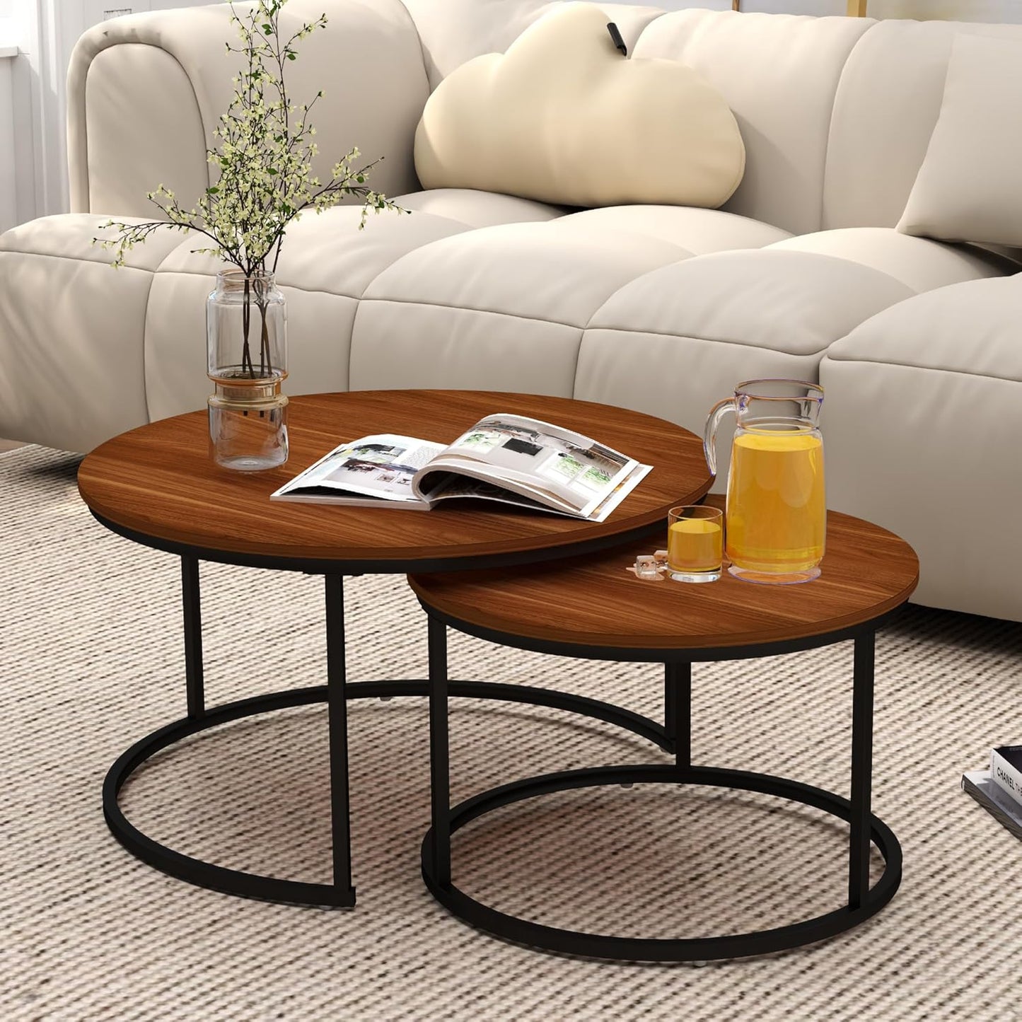 Nesting Tables Set of 2, 31.5" Round Coffee Table, Small Nesting Coffee Table with Adjustable Non-Slip Fee, Wood Grain Top Nesting Tables for Living Room, Bedroom (Wood Grain Brown)