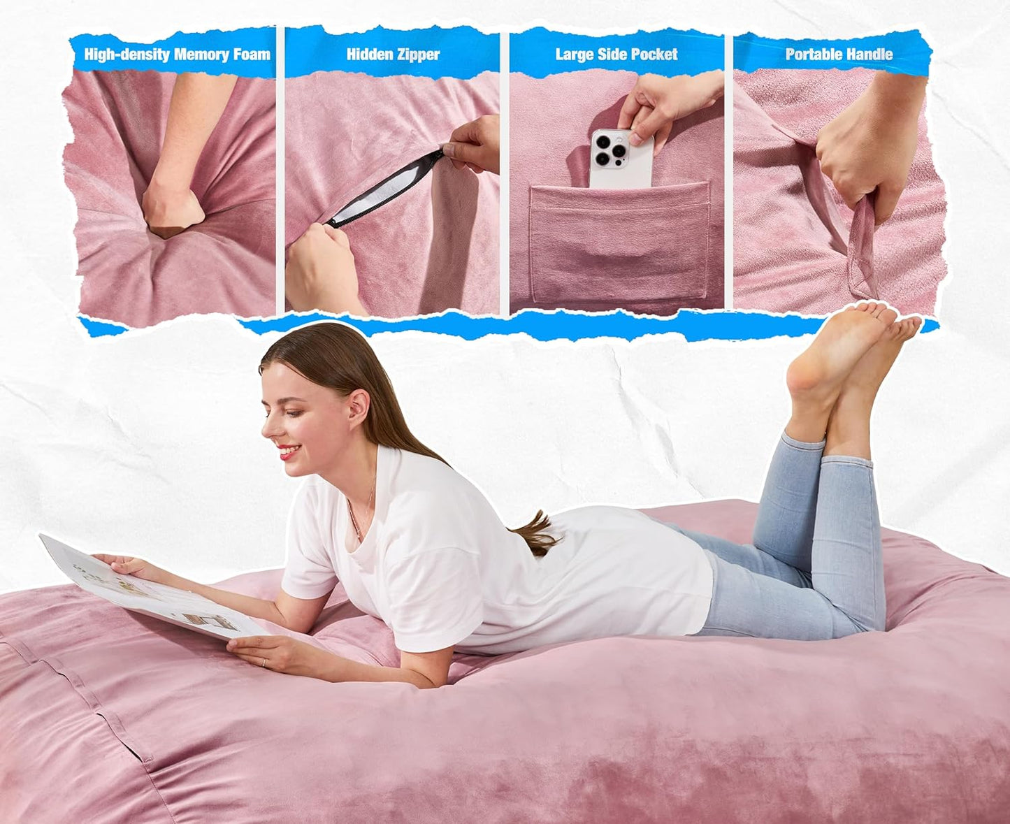 Hobestluk 5FT Bean Bag Chair Large Beanbag Lounger with Removable Cover Adult Bean Bag Chair with Portable Handle Desgin for Living Room Bedroom (Pink, 5FT)