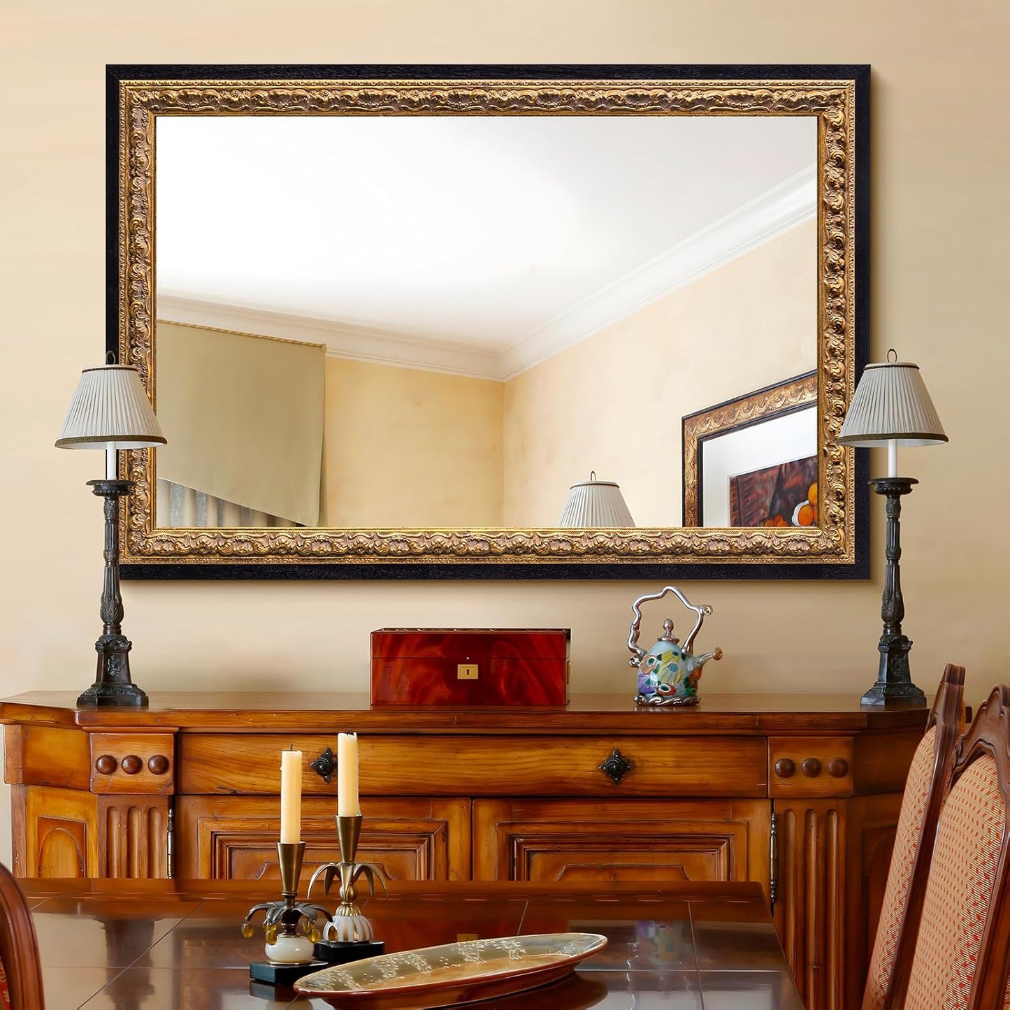 Gold Vintage Mirror 40”x28”, Black Gold Decorative Mirror with Gold Foil Flower Petal Carvings Wooden Frame for Luxe Living Room, Entryway, Bathroom and Bedroom