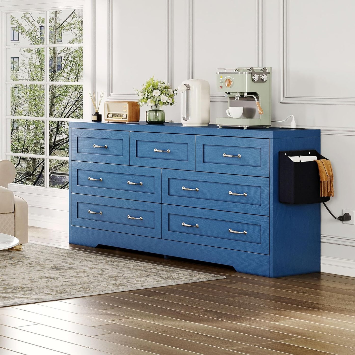 YITAHOME Drawers TV Stand for 65 inches with Power Outlets -Chest of Drawers Dresser with Side Organizer Bag Entertainment Center TV Console, Blue