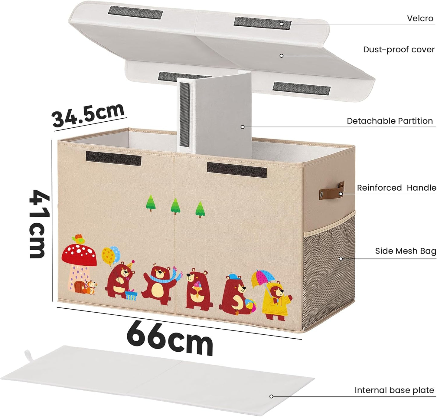 80L Large Toy Storage Box with Lid, Large Toy Box Chest for Kids, Girls and Boys, Nursery Room and Living Room, 26"x13" x16" (Dark Khaki-bear)