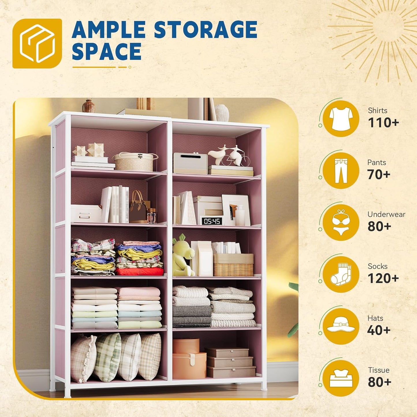 DWVO 10 Drawer Dresser - Fabric Storage Tower, Tall Chest Organizer Unit, Living Room, Hallway, Closets - Sturdy Steel Frame, Wooden Top & Easy Pull Fabric Bins, Pink