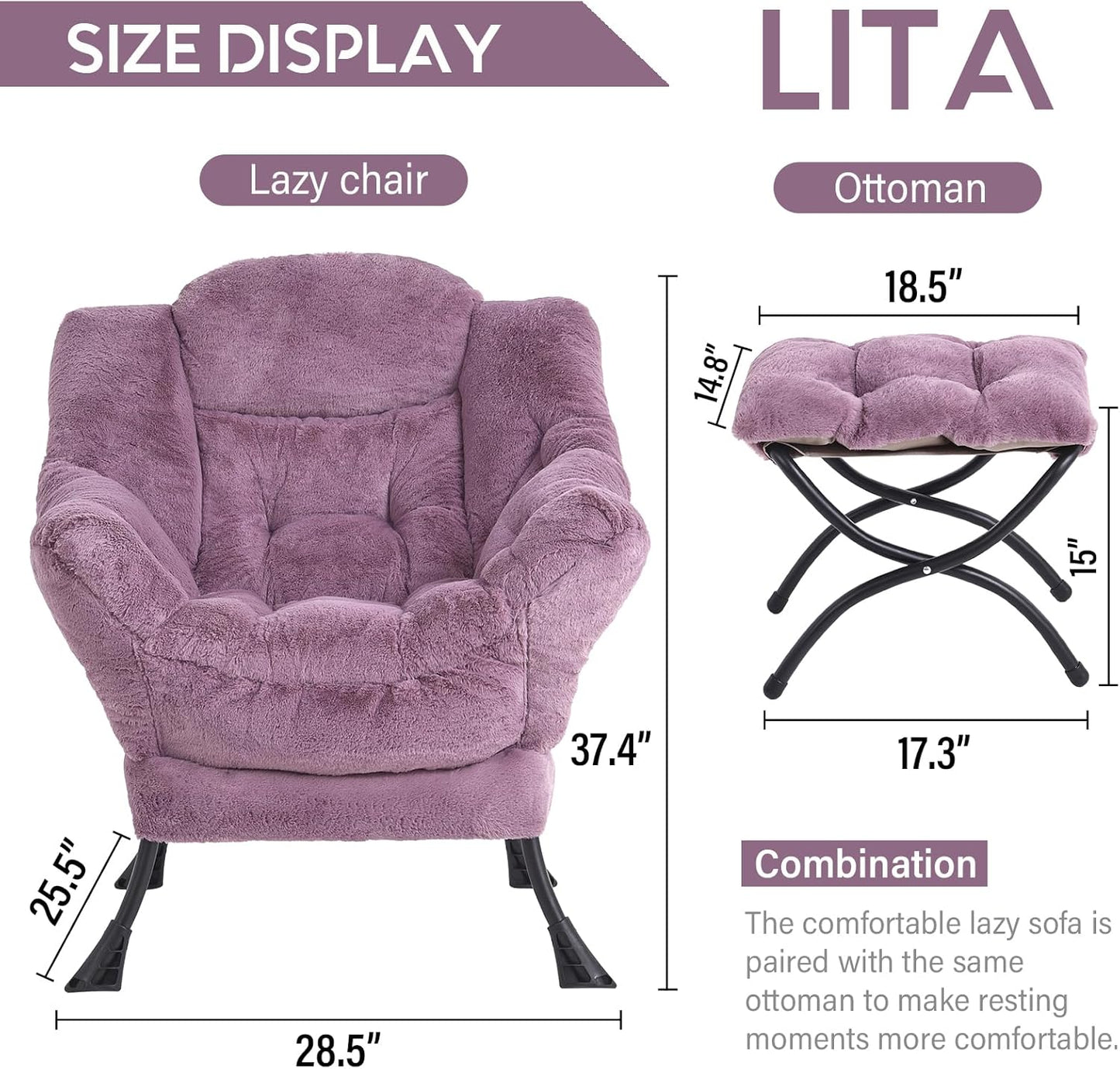 LITA Lazy Chair with Ottoman, Modern Accent Leisure Upholstered Sofa Chair, Lounge Reading Chair with Armrests and a Side Pocket for Living Room, Bedroom & Small Space