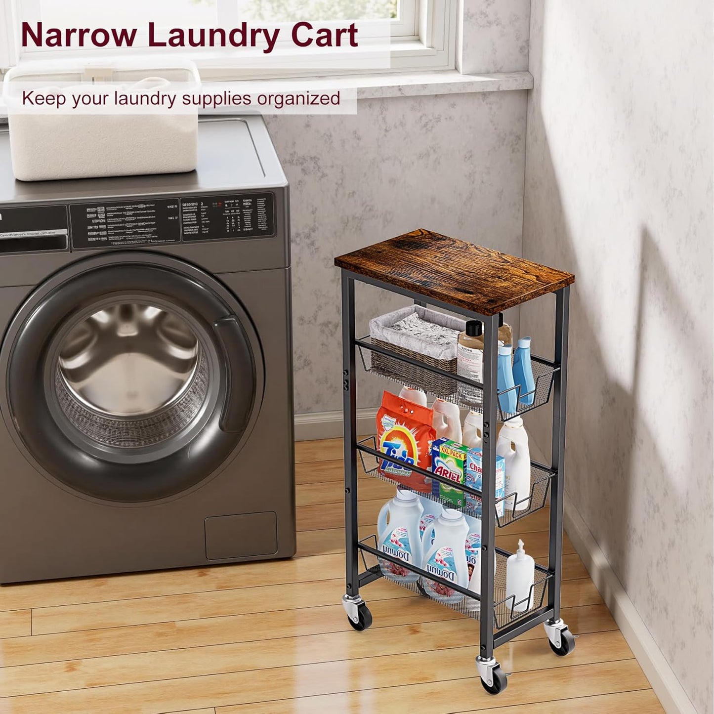Slim Rolling Cart, 4-Tier Storage Cart, 9.1inch Narrow Kitchen Rolling Cart on Wheels for Small Space, Utility Cart Shelving Unit with Wooden Top and Metal Handle for Kitchen, Bathroom, Laundry Room