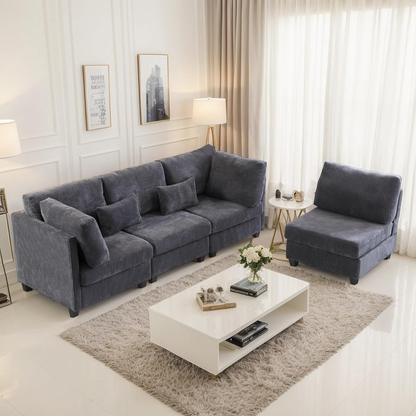 126" Convertible L-Shaped Modular Sectional Sofa, 4 Seater Corduroy Upholstered Corner Sofa Couch with Extra Wide Deep Seat, DIY Combination Lounger Sofa with Solid Wood Legs for Living Room Office