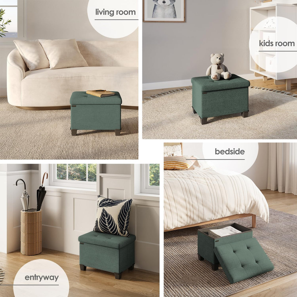 STORAGEBUD Storage Ottoman Cube with Small Bin, 16-in Square Ottoman with Storage for Living Room and Bedroom, Small Ottomans Foot Rest, Fabric Foot Stools Ottomans Max 330lbs, Green