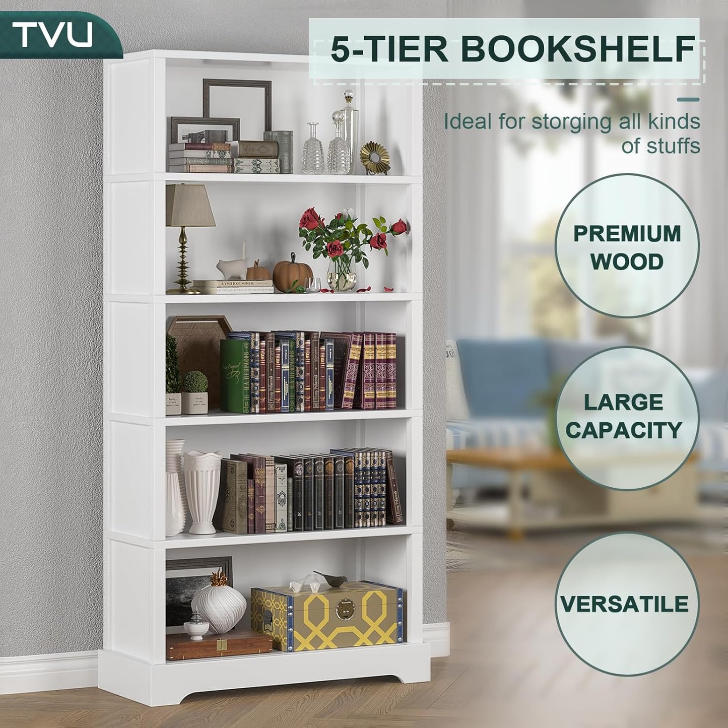 TVU 5-Tier Wooden Book Shelf, 65" Tall Bookshelf with Storage, Floor-Standing Display Bookcase, Farmhouse Style Bookshelf with Arched Base, Suitable for Living Room, Study, Office, White