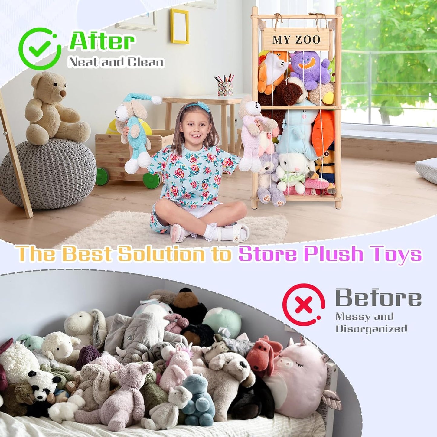 Stuffed Animal Storage Zoo, Wooden Stuffed Animal Organizer with Elastic Cords for Boys Girls, Space Saving Toy Plushies Storage Holder for Playroom, Bedroom, Living Room (Burlywood, Small)