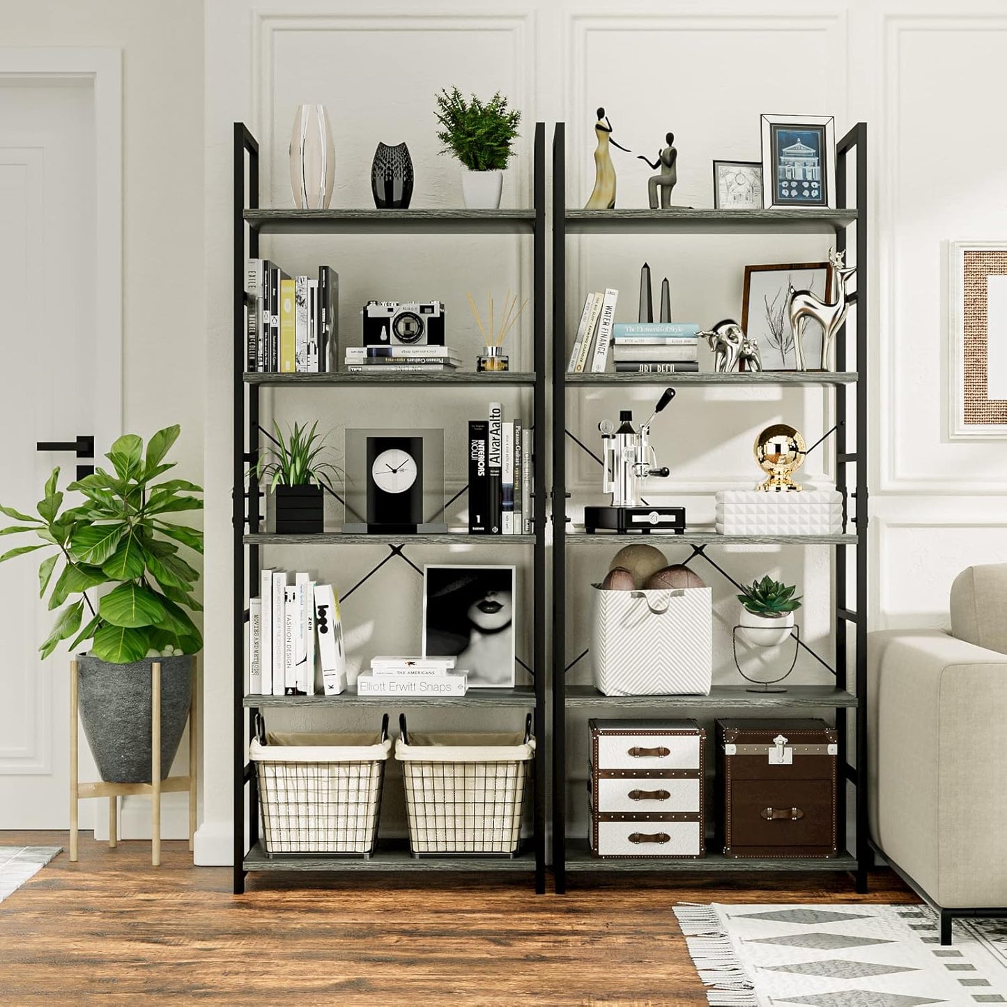NUMENN 5 Tier Bookshelf, Tall Bookcase Shelf Storage Organizer, Modern Book Shelf for Bedroom, Living Room and Home Office, Dark Grey