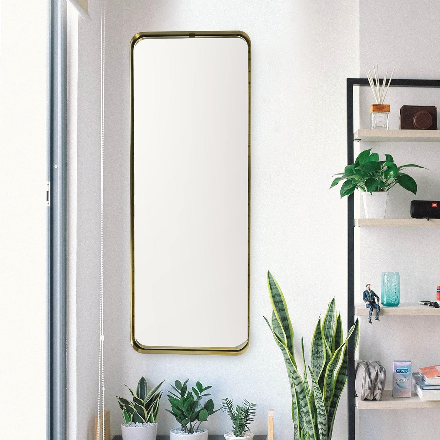 Gold Rectangular Mirror 48 inch Tall | Wall Mounted or Free Standing Floor Mirror | Full Size with Stainless Steel Frame and Rounded Corners | Full Length Mid Century Modern Design by Wall Charmers