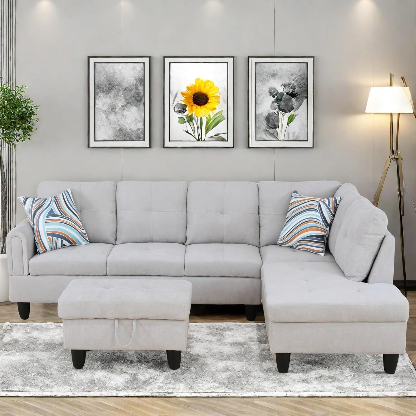 Convertible Sectional Couch, Large L Shaped Couch with Storage, Modern Modular 5-Seat Sectional Sofa with Ottomans for Living Room and Office, Light Grey