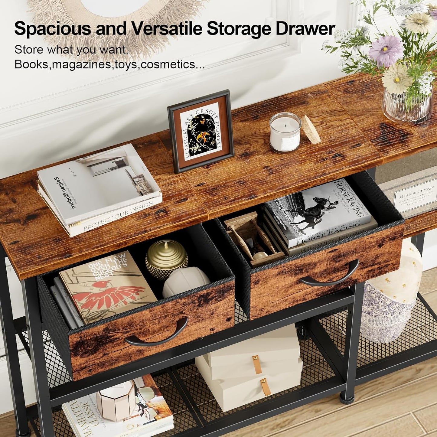 Furnulem Entryway Table 44'' Sofa Console Table with 2 Fabric Drawers, Industrial Entry Way Shoe Rack with Metal Mesh Shelf for Front Door, Hallway, Foyer Wooden Top, Sturdy Metal Frame, Rustic Brown