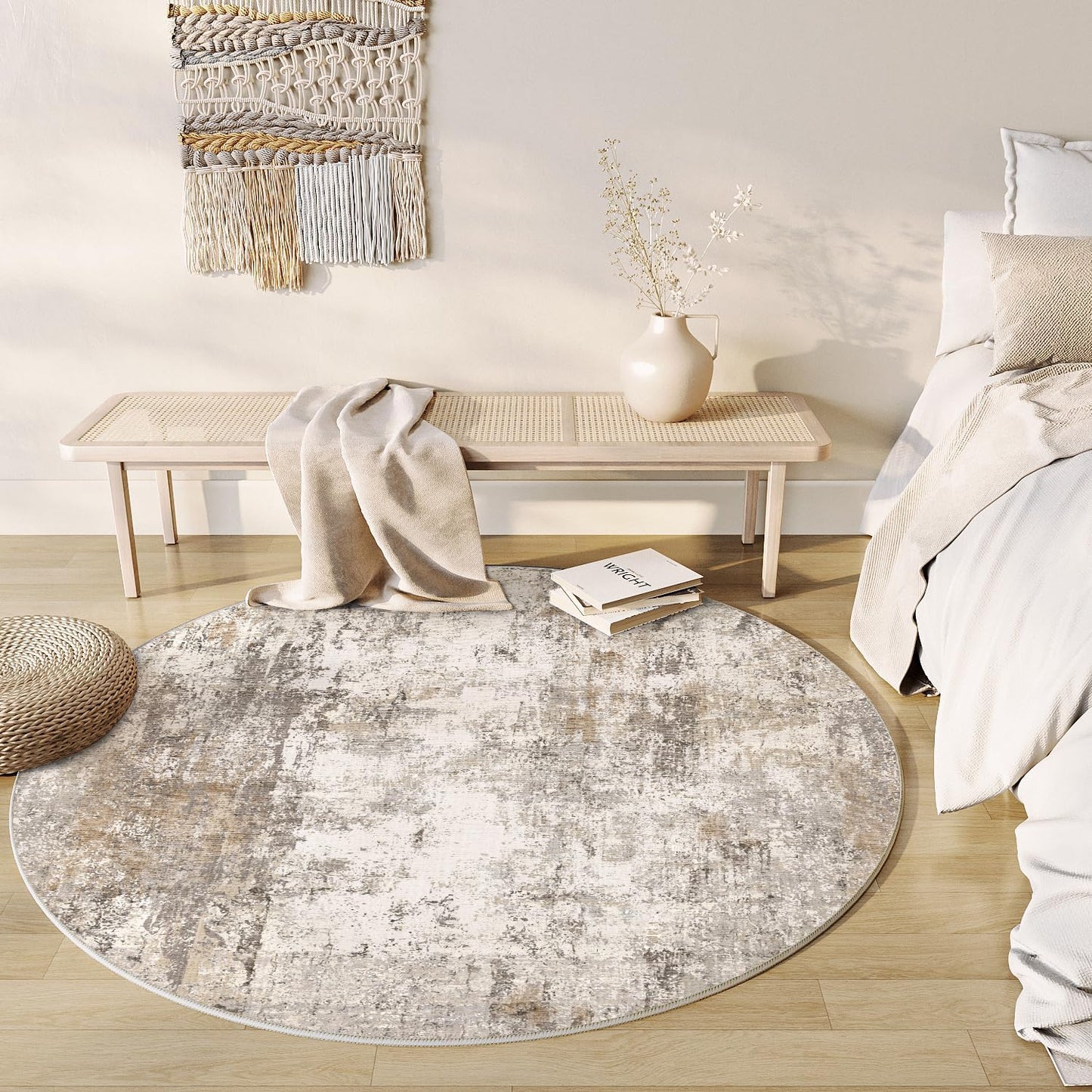 6x6 Washable Round Rug Brown Grey Neutral Abstract Living Room Bedroom Area Rug Non Slip Soft Low Pile Indoor Floor Carpet for Office Dining Room Kitchen Entryway