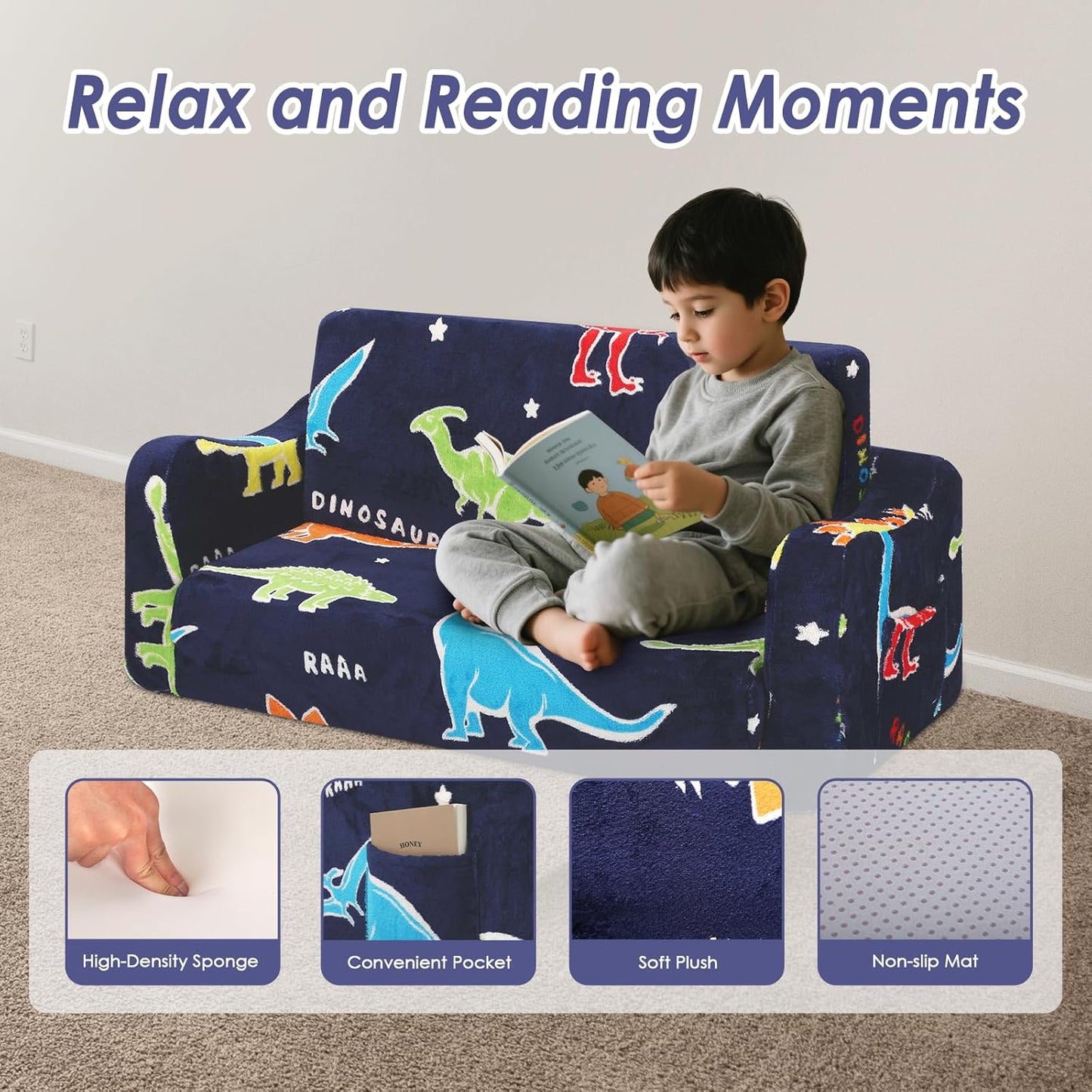 Kids Couch Extra Large,Glow in The Dark 2-in-1 Folding Kids Sofa Bed for Boys,2 Seats Convertible Sleeper Lounger Toddler Couch for Children Bedroom Playroom Nursery,Dinosaur