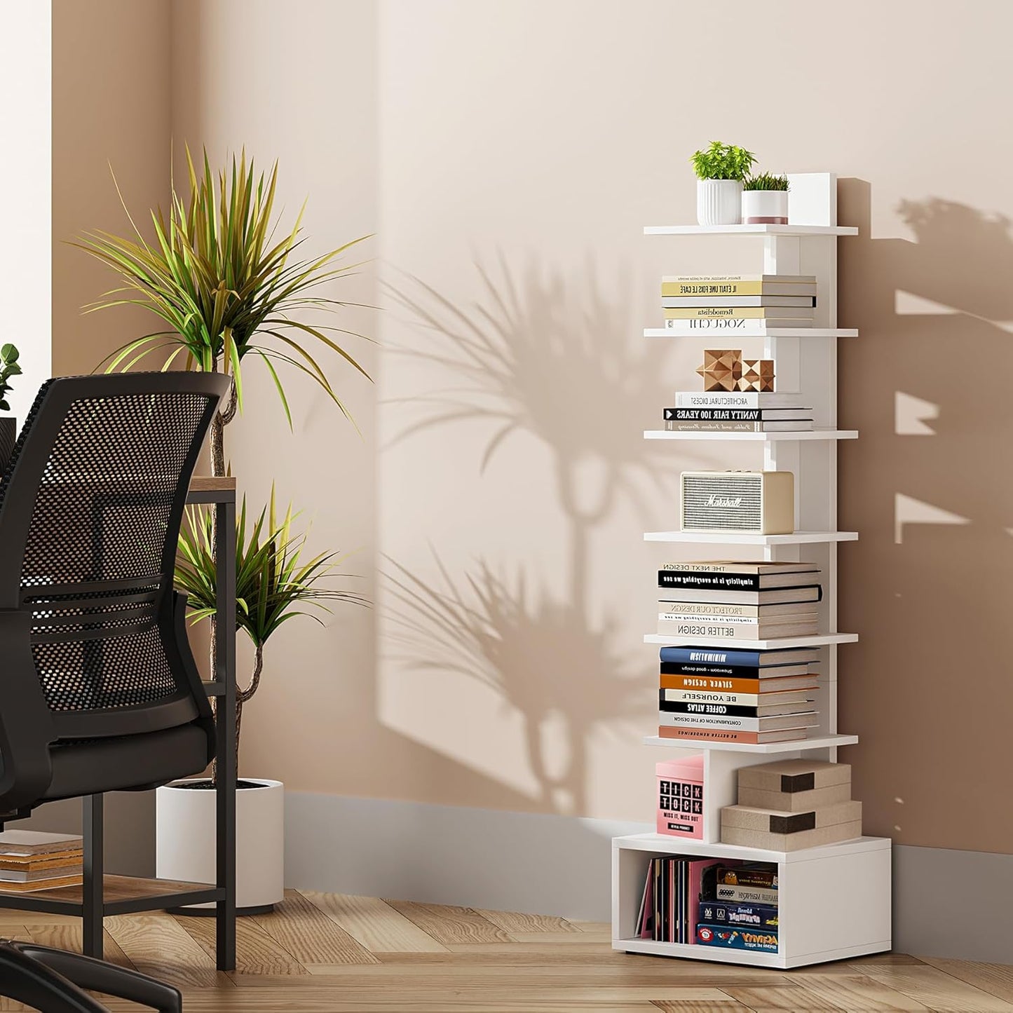 TUTOTAK Narrow Bookshelf, Vertical 8-Tier Bookcase, Spine Book Shelf for Small Space, Small Standing Shelf for Living Room, Office, Study, Entryway, White BS07BW008